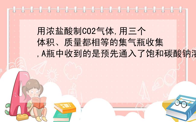 用浓盐酸制CO2气体,用三个体积、质量都相等的集气瓶收集,A瓶中收到的是预先通入了饱和碳酸钠溶液后收到的气体B瓶中收到的是预先分别依次通入了饱和碳酸钠溶液和浓硫酸后的收到的气体