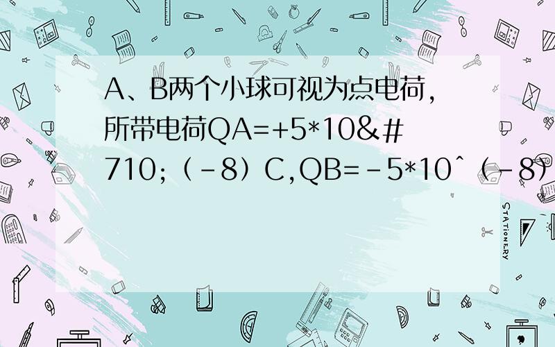 A、B两个小球可视为点电荷,所带电荷QA=+5*10ˆ（-8）C,QB=-5*10ˆ（-8）C.现用等长的绝缘细线把它们悬挂在水平天花板的下面.悬挂点相距5cm.为了使悬挂保持竖直（如图所示）,可再水平方向