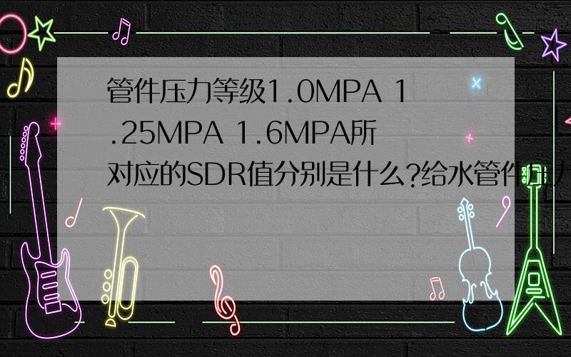 管件压力等级1.0MPA 1.25MPA 1.6MPA所对应的SDR值分别是什么?给水管件压力等级1.0MPA 1.25MPA和1.6MPA所对应的SDER分别是什么?1.0MPA对应的是SDER?1.6MPA对应的是SDR?1.25MPA对应的是SDR?