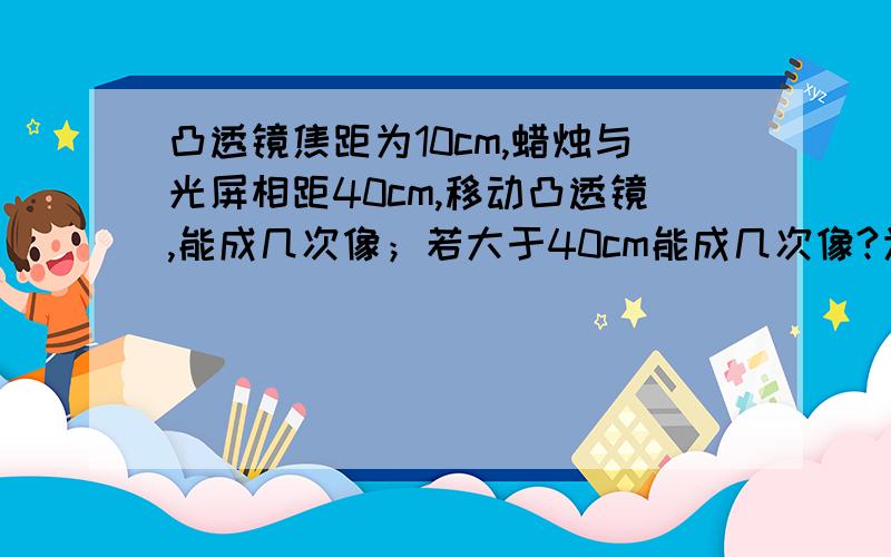 凸透镜焦距为10cm,蜡烛与光屏相距40cm,移动凸透镜,能成几次像；若大于40cm能成几次像?为什么的说?