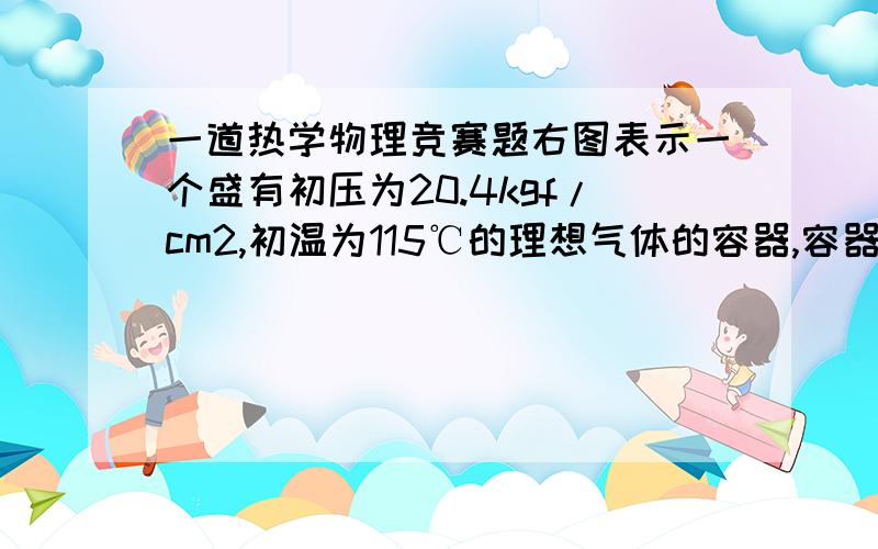 一道热学物理竞赛题右图表示一个盛有初压为20.4kgf/cm2,初温为115℃的理想气体的容器,容器顶端通过阀门与竖直气缸相连,气缸用活塞从上端封闭,开始活塞停止在缸底,要靠7.14kgf/cm2的压力才能