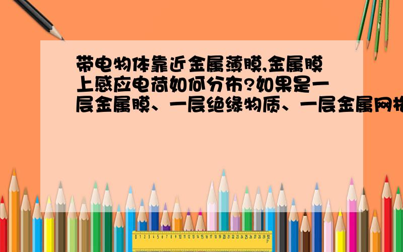 带电物体靠近金属薄膜,金属膜上感应电荷如何分布?如果是一层金属膜、一层绝缘物质、一层金属网格、一层绝缘物质再一层金属薄膜呢?电荷如何分布?如果最后一层金属膜接地呢?描述补充