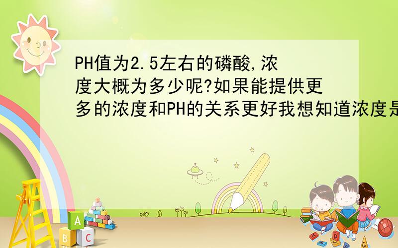 PH值为2.5左右的磷酸,浓度大概为多少呢?如果能提供更多的浓度和PH的关系更好我想知道浓度是百分之几 ？而不是物质的量浓度，PH值为2.5，浓度为百分之几？