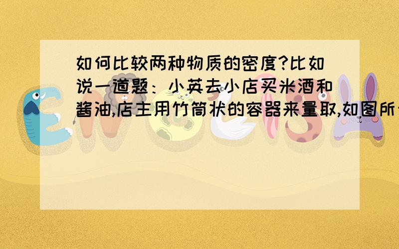 如何比较两种物质的密度?比如说一道题：小英去小店买米酒和酱油,店主用竹筒状的容器来量取,如图所示,但量取相同质量的米酒和酱油所用的容器是不一样的,下面说法不正确的是（　　）