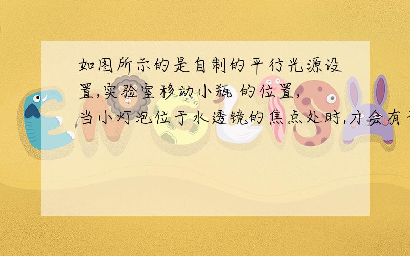 如图所示的是自制的平行光源设置,实验室移动小瓶 的位置,当小灯泡位于水透镜的焦点处时,才会有平行光束如图所示的是自制的平行光源设置,实验室移动小瓶 的位置,当小灯泡位于水透镜的