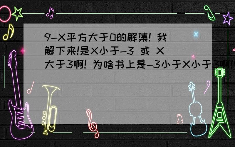 9-X平方大于0的解集! 我解下来!是X小于-3 或 X大于3啊! 为啥书上是-3小于X小于3啊!郁闷了!书是数学课本!