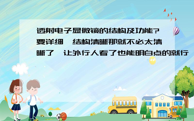 透射电子显微镜的结构及功能?要详细、结构清晰那就不必太清晰了,让外行人看了也能明白点的就行