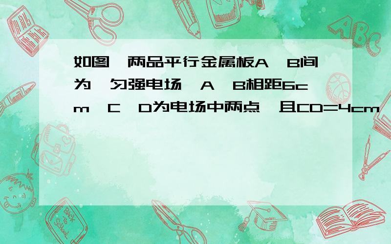 如图,两品平行金属板A、B间为一匀强电场,A、B相距6cm,C、D为电场中两点,且CD=4cm,CD连线和场强方向成成60度角.已知电子从D点移到C点电场力做功为3.2*10^-17J,求：1.匀强电场的场强2.A、B两点间的