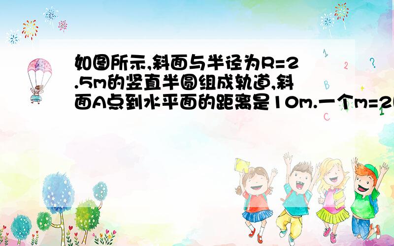 如图所示,斜面与半径为R=2.5m的竖直半圆组成轨道,斜面A点到水平面的距离是10m.一个m=2kg小球从A点静止滑下,然后恰好经过圆形轨道的最高点B后又落到水平面的C点.求 ：（1）C点与B的水平距离S