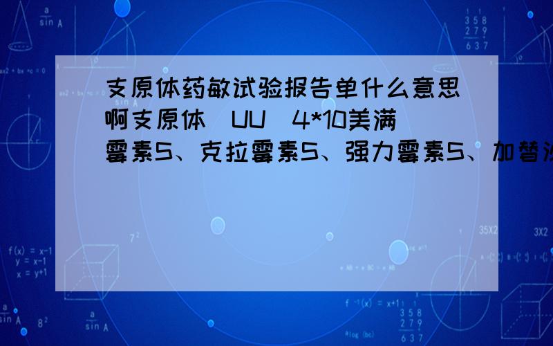 支原体药敏试验报告单什么意思啊支原体（UU）4*10美满霉素S、克拉霉素S、强力霉素S、加替沙星S、红霉素I、司帕沙星I、阿奇霉素I、左旋氧氟沙星I、交沙美素I、罗红霉素R、克林霉素R、甲