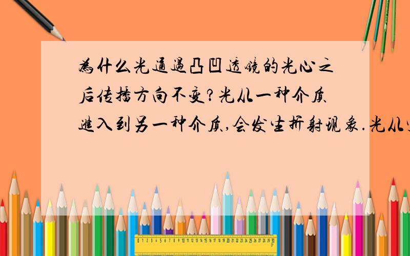 为什么光通过凸凹透镜的光心之后传播方向不变?光从一种介质进入到另一种介质,会发生折射现象.光从空气到透镜,应该发生折射现象,即使通过光心,传播方向也改变啊!有图有真相，