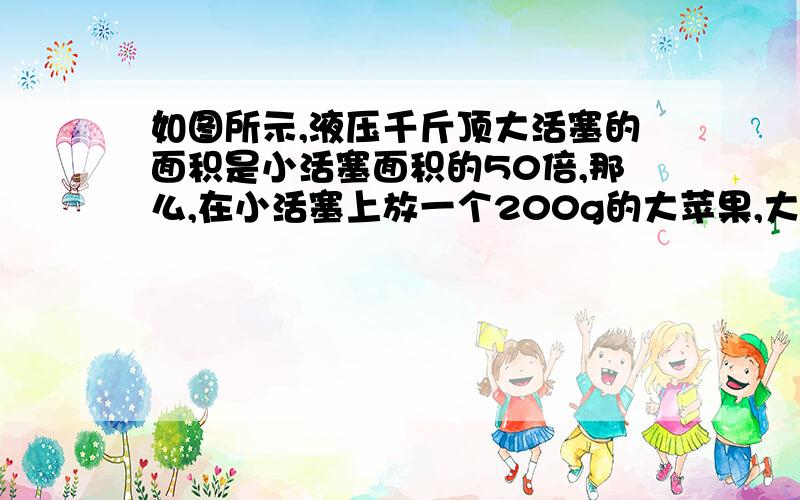 如图所示,液压千斤顶大活塞的面积是小活塞面积的50倍,那么,在小活塞上放一个200g的大苹果,大活塞上可以顶起多少kg的小汽车