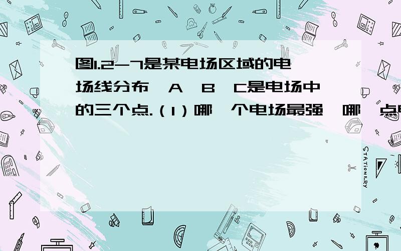 图1.2-7是某电场区域的电场线分布,A、B、C是电场中的三个点.（1）哪一个电场最强,哪一点电场最弱?（2）画出各点电场强度的方向.（3）如果把一个带负电的点电荷分别放在这三点,画出它所