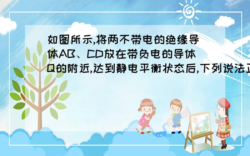 如图所示,将两不带电的绝缘导体AB、CD放在带负电的导体Q的附近,达到静电平衡状态后,下列说法正确的是A．用导线连接A、B两端,连通瞬间有电流通过导线,方向由A到BB．用导线连接A、C两端,连