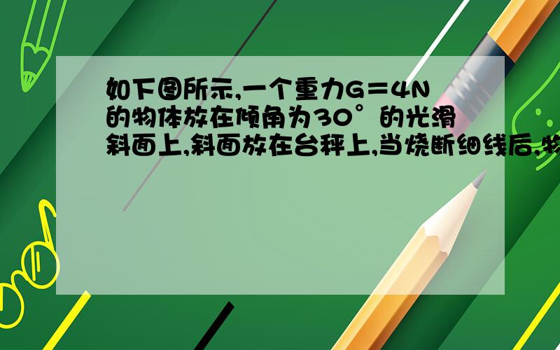 如下图所示,一个重力G＝4N的物体放在倾角为30°的光滑斜面上,斜面放在台秤上,当烧断细线后,物块正在下滑的过程中与稳定时比较,台秤示数(　　) A．减小2N  \x09\x09\x09B．减小1NC．增大2N  \x09\x