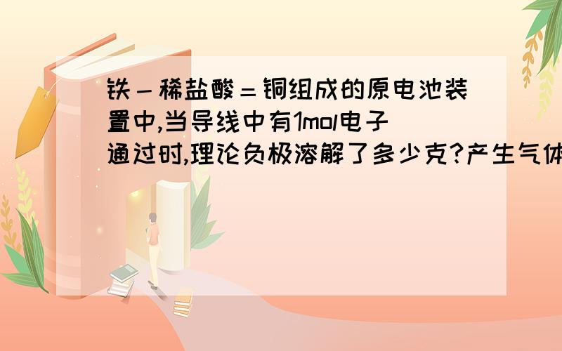 铁－稀盐酸＝铜组成的原电池装置中,当导线中有1mol电子通过时,理论负极溶解了多少克?产生气体的质量是多少?