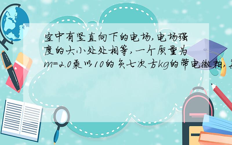 空中有竖直向下的电场,电场强度的大小处处相等,一个质量为m=2.0乘以10的负七次方kg的带电微粒,其带电量其带电量是6.0×10负八次方,它在空中下落的加速度为0.1g,设微粒的带电量不变,空气阻