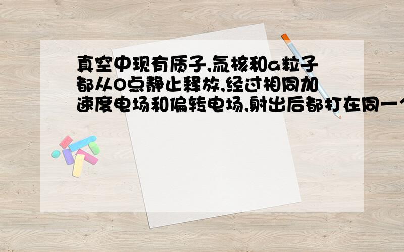 真空中现有质子,氚核和a粒子都从O点静止释放,经过相同加速度电场和偏转电场,射出后都打在同一个与OO'垂直的荧光屏上,使荧光屏上出现亮点（已知质子,氚核和a粒子质量之比为1：2：4,电量