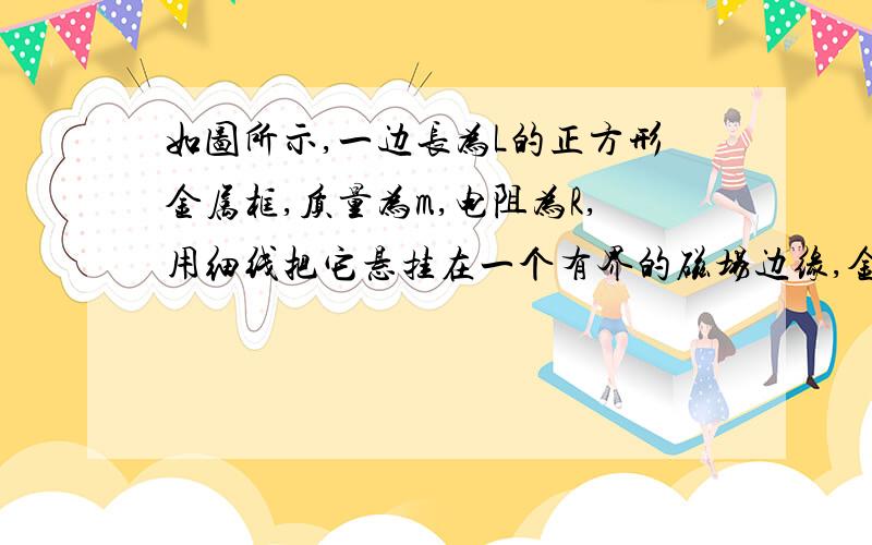 如图所示,一边长为L的正方形金属框,质量为m,电阻为R,用细线把它悬挂在一个有界的磁场边缘,金属框的上半部