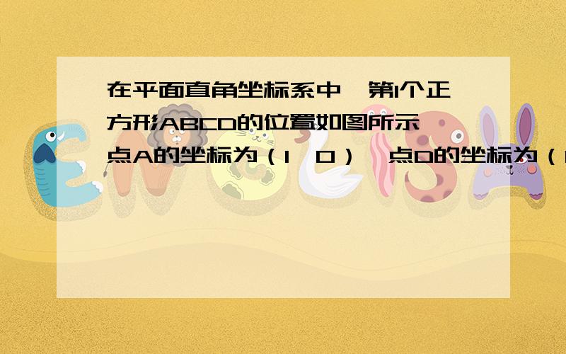 在平面直角坐标系中,第1个正方形ABCD的位置如图所示,点A的坐标为（1,0）,点D的坐标为（0,2）．延长CB有没有办法只用四边形知识来求解的?延长CB交x轴于点A1，作第2个正方形A1B1C1C；延长C1B1交x