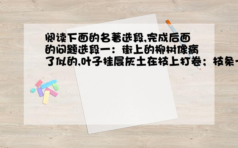 阅读下面的名著选段,完成后面的问题选段一：街上的柳树像病了似的,叶子挂层灰土在枝上打卷；枝条一动也懒得动,无精打采地低垂.马路上一个水点也没有,干巴巴地发白光.便道上尘土飞起