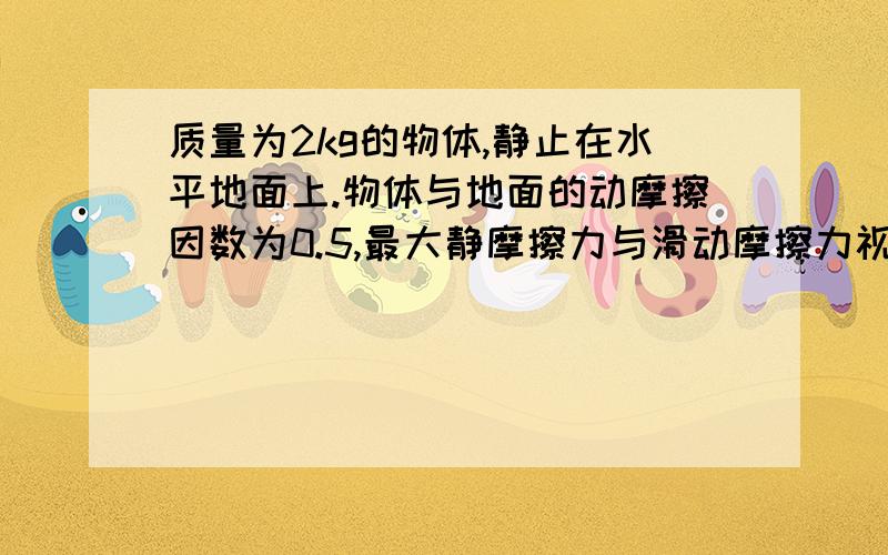 质量为2kg的物体,静止在水平地面上.物体与地面的动摩擦因数为0.5,最大静摩擦力与滑动摩擦力视为相等...质量为2kg的物体,静止在水平地面上.物体与地面的动摩擦因数为0.5,最大静摩擦力与滑