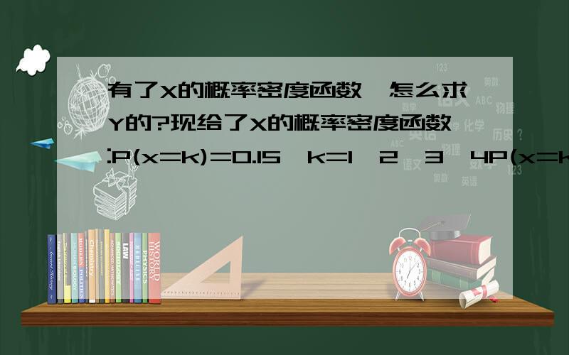 有了X的概率密度函数,怎么求Y的?现给了X的概率密度函数:P(x=k)=0.15,k=1,2,3,4P(x=k)=0.1,k=5,6,7,8P(x=k)=0,其他并给出:Y=10.5X-0.5X^2该怎么求Y的概率密度函数?写错了，应该是概率质量函数(Probability Mass Fun