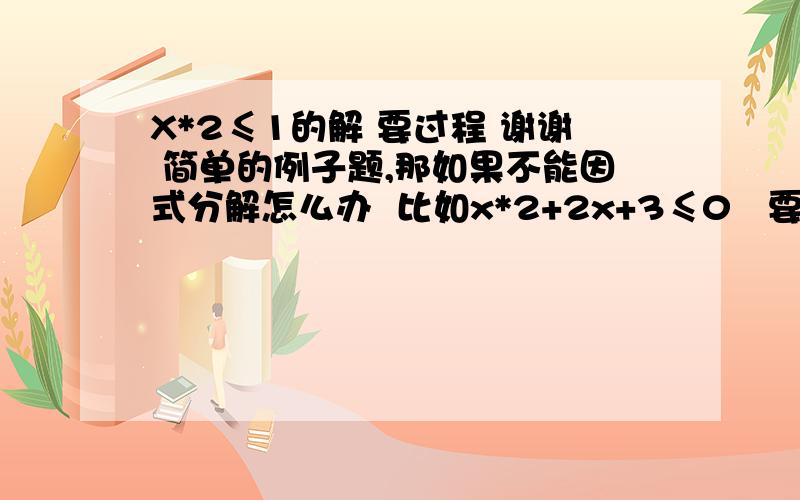 X*2≤1的解 要过程 谢谢 简单的例子题,那如果不能因式分解怎么办  比如x*2+2x+3≤0   要过程  我加分