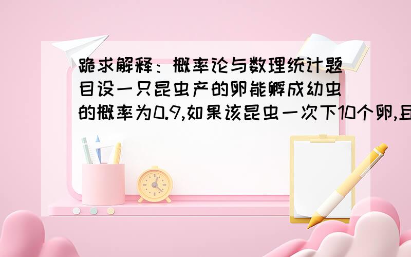 跪求解释：概率论与数理统计题目设一只昆虫产的卵能孵成幼虫的概率为0.9,如果该昆虫一次下10个卵,且在其中已发现有一个卵破裂不能孵化成幼虫,求孵化率为80%的概率?Y~B(9,0.9) P=9*0.9^8*0.1为