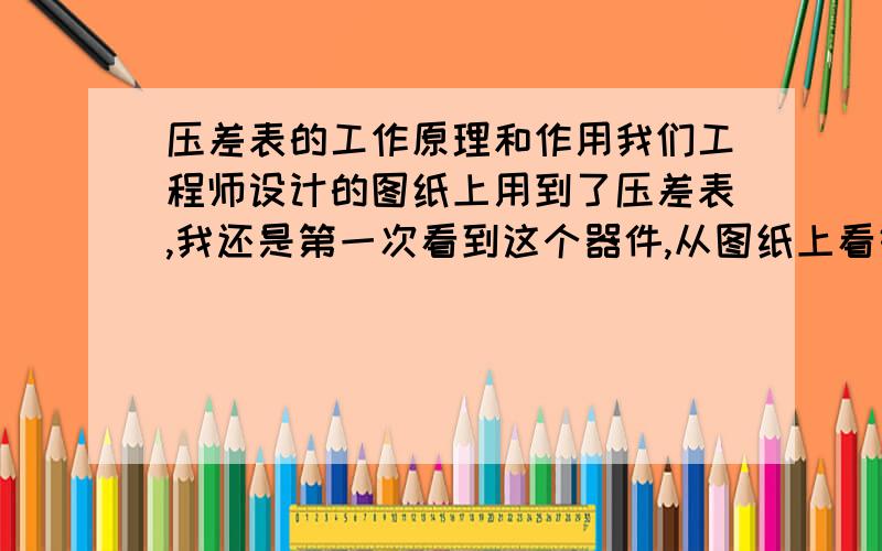 压差表的工作原理和作用我们工程师设计的图纸上用到了压差表,我还是第一次看到这个器件,从图纸上看好像有一个线圈、一个低压开关和一个高压开关,请问这个压差表的工作原理是什么,它