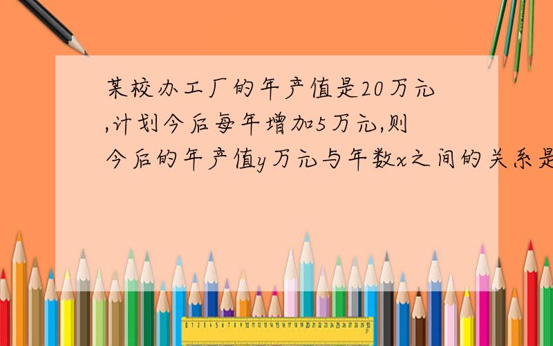 某校办工厂的年产值是20万元,计划今后每年增加5万元,则今后的年产值y万元与年数x之间的关系是为____