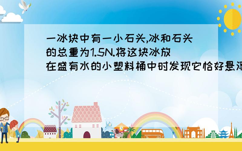 一冰块中有一小石头,冰和石头的总重为1.5N.将这块冰放在盛有水的小塑料桶中时发现它恰好悬浮于水中,此时冰块所受的浮力为________N.随着冰的融化,你可以观察到哪些物理现象?请你写出其中