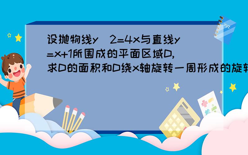 设抛物线y^2=4x与直线y=x+1所围成的平面区域D,求D的面积和D绕x轴旋转一周形成的旋转体的体积那个平面区域是哪里啊 我怎么表示不出来啊 答案是1/6和π/3,怎么得出来的