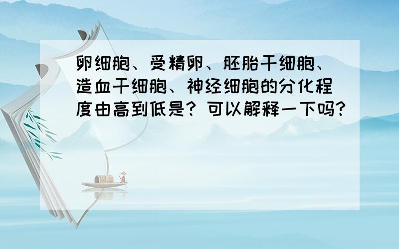 卵细胞、受精卵、胚胎干细胞、造血干细胞、神经细胞的分化程度由高到低是? 可以解释一下吗?