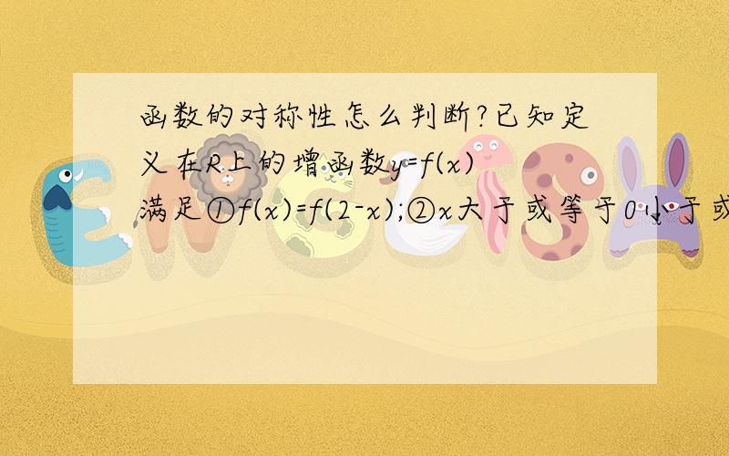 函数的对称性怎么判断?已知定义在R上的增函数y=f(x)满足①f(x)=f(2-x);②x大于或等于0小于或等于1时,f(x)= x平方问（1）求f（5点5）的值（2）证明：x属于R时,f(x+2)=f(x)答案点播时说 因为f（x)=f(x+2)