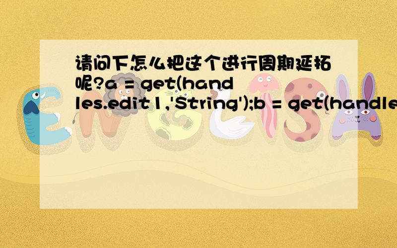 请问下怎么把这个进行周期延拓呢?a = get(handles.edit1,'String');b = get(handles.edit2,'String');c = get(handles.edit3,'String');x1=str2num(a);x2=str2num(b);N=str2num(c);x11=fft(x1,N);%对x1傅立叶变换x12=fft(x2,N);%对x2傅立叶变