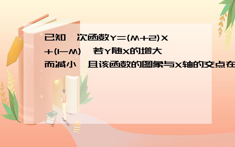 已知一次函数Y=(M+2)X+(1-M),若Y随X的增大而减小,且该函数的图象与X轴的交点在原点的右侧,则M的取值范围是( )A.M>-2 B.M