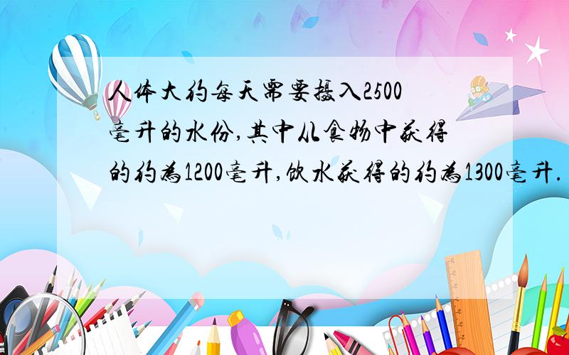 人体大约每天需要摄入2500毫升的水份,其中从食物中获得的约为1200毫升,饮水获得的约为1300毫升.（1）从食物中获取的水份占每日摄水量的百分之几?（2）饮水获得的占百分之几?