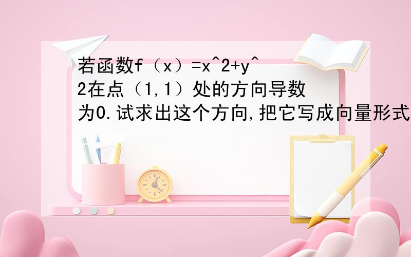 若函数f（x）=x^2+y^2在点（1,1）处的方向导数为0.试求出这个方向,把它写成向量形式.不懂求真知 不懂啊 一点头绪都没有!