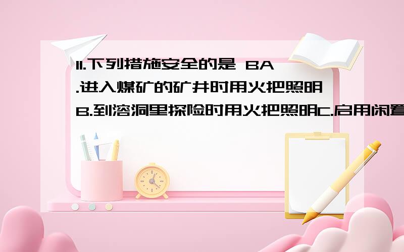 11.下列措施安全的是 BA.进入煤矿的矿井时用火把照明B.到溶洞里探险时用火把照明C.启用闲置的沼气池前先进行火把实验D.用点燃木条的方法检查液化石油气罐是否漏气12.下列关于氢氧化钠的