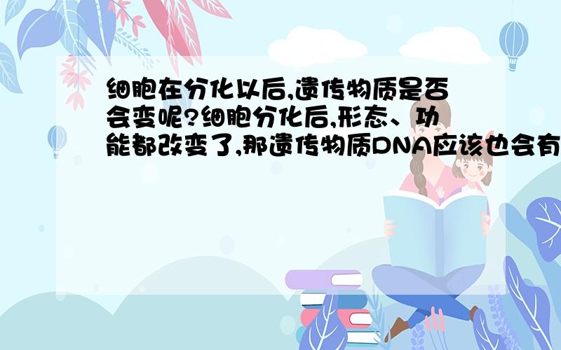 细胞在分化以后,遗传物质是否会变呢?细胞分化后,形态、功能都改变了,那遗传物质DNA应该也会有小小的改变的,我想.但书上说细胞核内的遗传物质不会改变.请各位哥哥姐姐告诉小弟下吧!