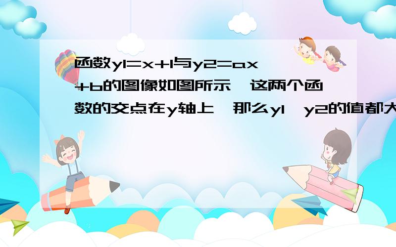 函数y1=x+1与y2=ax+b的图像如图所示,这两个函数的交点在y轴上,那么y1、y2的值都大于零的X的取值范围是_______.