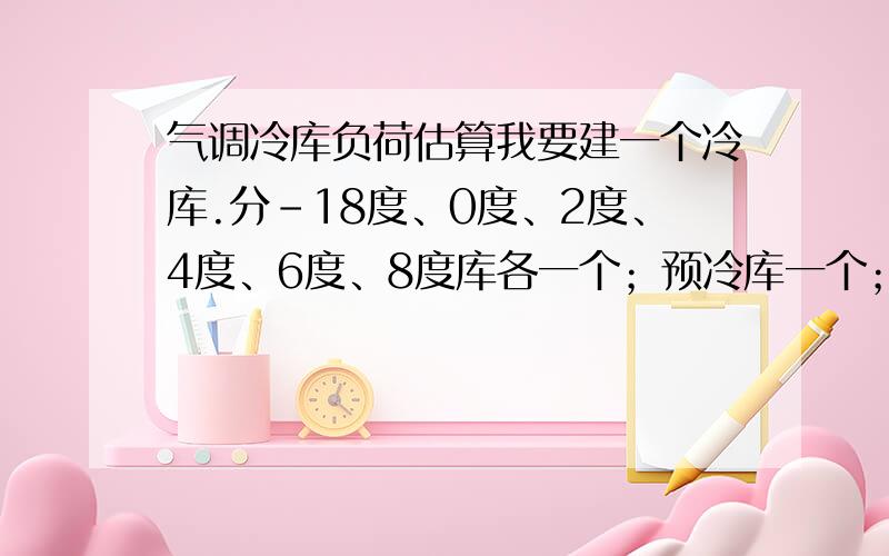 气调冷库负荷估算我要建一个冷库.分-18度、0度、2度、4度、6度、8度库各一个；预冷库一个；每个的公称容积为宽5米*高5.5米*长30米.希望那位行家给估算一下,配电得用多大的变压器?初次进