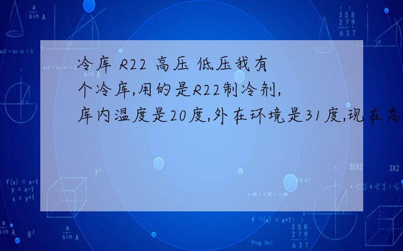 冷库 R22 高压 低压我有个冷库,用的是R22制冷剂,库内温度是20度,外在环境是31度,现在高压是2.1MP,低压是0.42MP.这个压力正常吗?是不是系统内有空气?如果系统有空气,那怎样放出来呀?