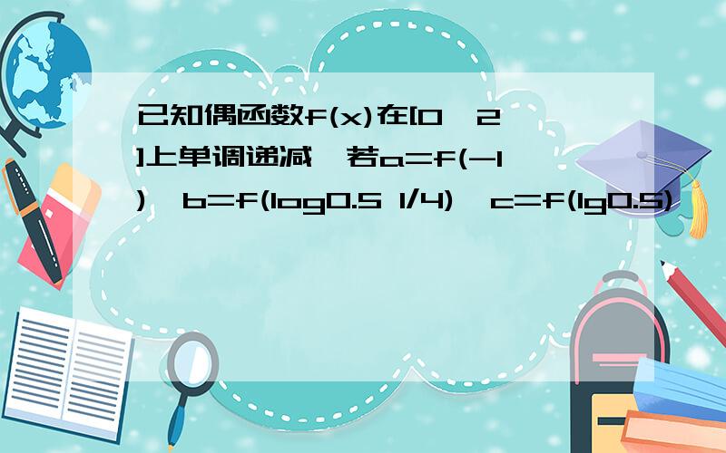 已知偶函数f(x)在[0,2]上单调递减,若a=f(-1),b=f(log0.5 1/4),c=f(lg0.5) ,则a,b,c之间的大小关系为什