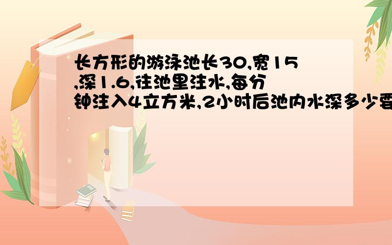 长方形的游泳池长30,宽15,深1.6,往池里注水,每分钟注入4立方米,2小时后池内水深多少要解答过程