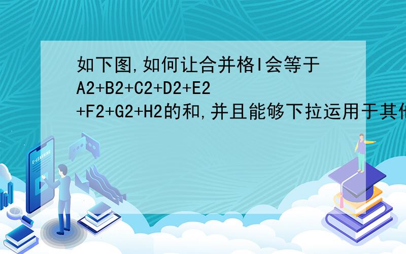 如下图,如何让合并格I会等于A2+B2+C2+D2+E2+F2+G2+H2的和,并且能够下拉运用于其他行.