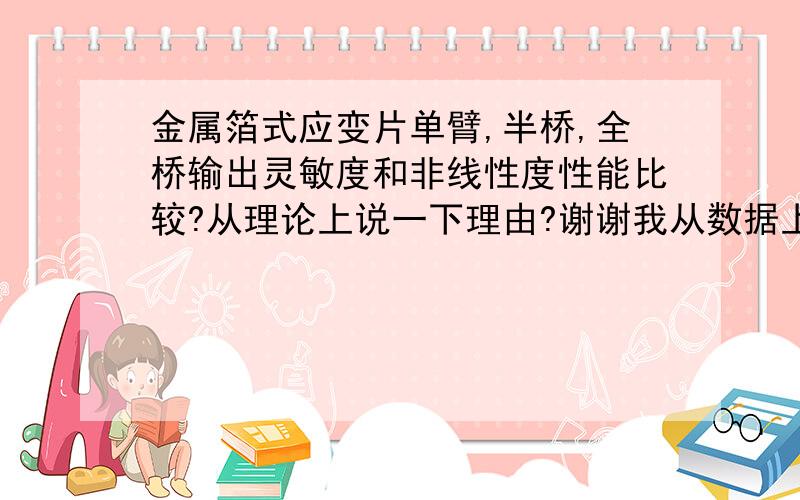 金属箔式应变片单臂,半桥,全桥输出灵敏度和非线性度性能比较?从理论上说一下理由?谢谢我从数据上推出,灵敏度上 单臂全桥,  但是,理论上怎么得到的? 求 理由