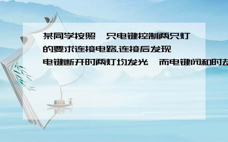 某同学按照一只电键控制两只灯的要求连接电路.连接后发现,电键断开时两灯均发光,而电键闭和时却发现一灯发光,另一灯熄灭.他的连接错误是________