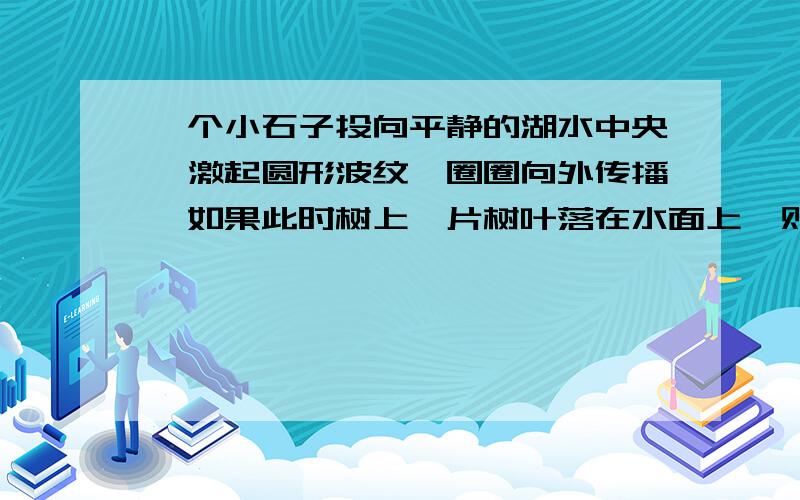 一个小石子投向平静的湖水中央,激起圆形波纹一圈圈向外传播,如果此时树上一片树叶落在水面上,则树叶将(A) 沿波纹的圆周运动． (B) 在落下处上下振动．(C) 渐渐漂向湖心． (D) 渐渐漂向湖